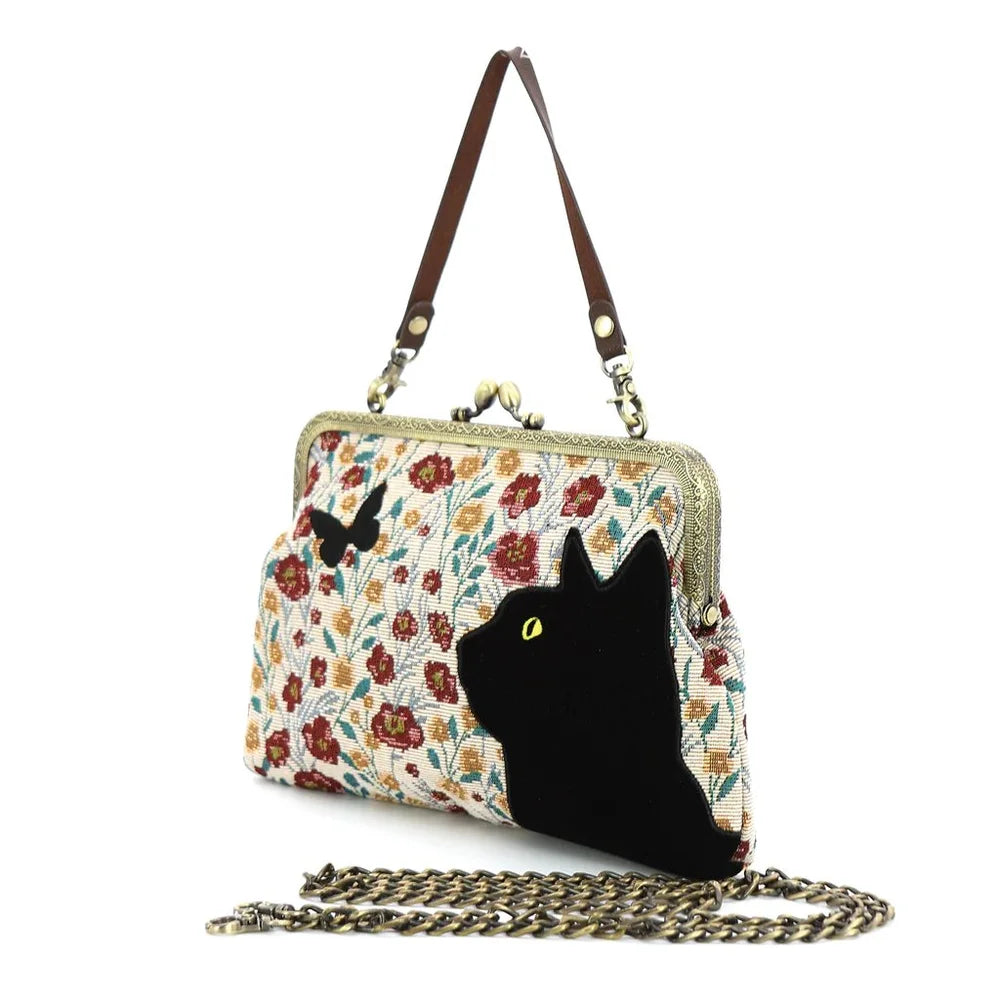 Black Cat in a field Clutch with convertible Straps